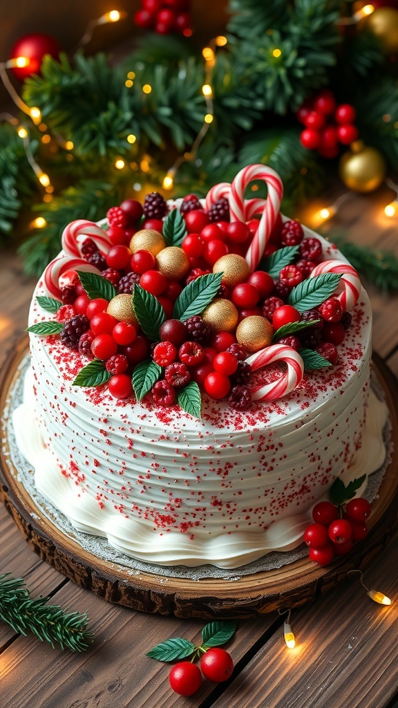 A festive Christmas cake decorated with berries, glitter, and candy canes on a wooden table with holiday decorations.